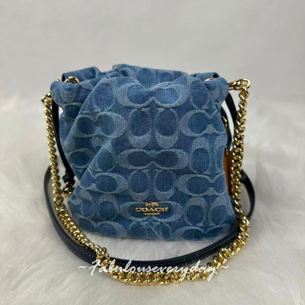 Coach Faye Mini Drawstring Bag In Signature Denim/Gold/Indigo CDE32 NWT